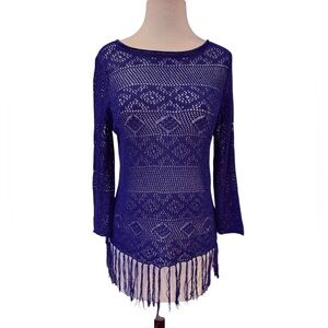 Chicos Blue Coverup Tunic Embroidered Boho Hippie Fringe Festival Size 0 (XS)